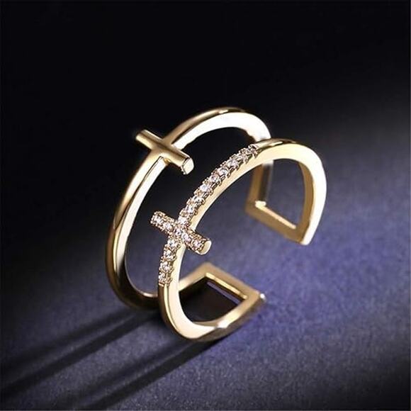 Elegant Chic Trendy Double Cross Adjustable Statement Ring - Adjustable - Picture 4 of 6